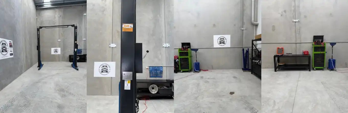 Automotive alignment and diagnostic equipment in a garage setting.