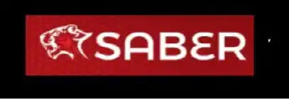 Red rectangular logo with a stylized white outline of a fierce animal head and the word ’SABER’ in white capital letters.